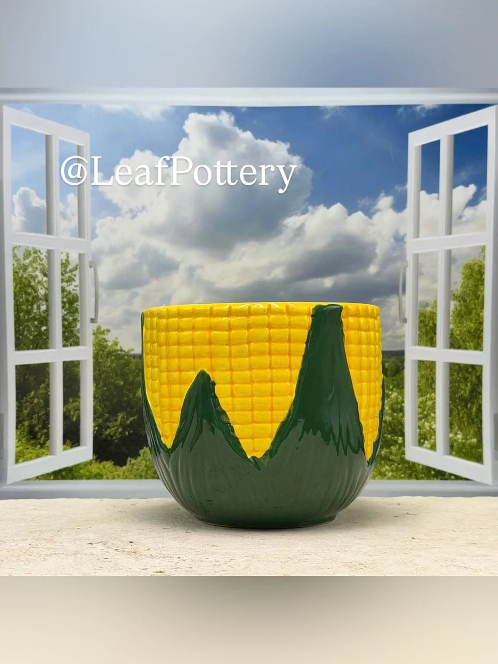 Ceramic Corn Planter - Vintage Style Corn Cob Pot - Yellow and Green Planter
